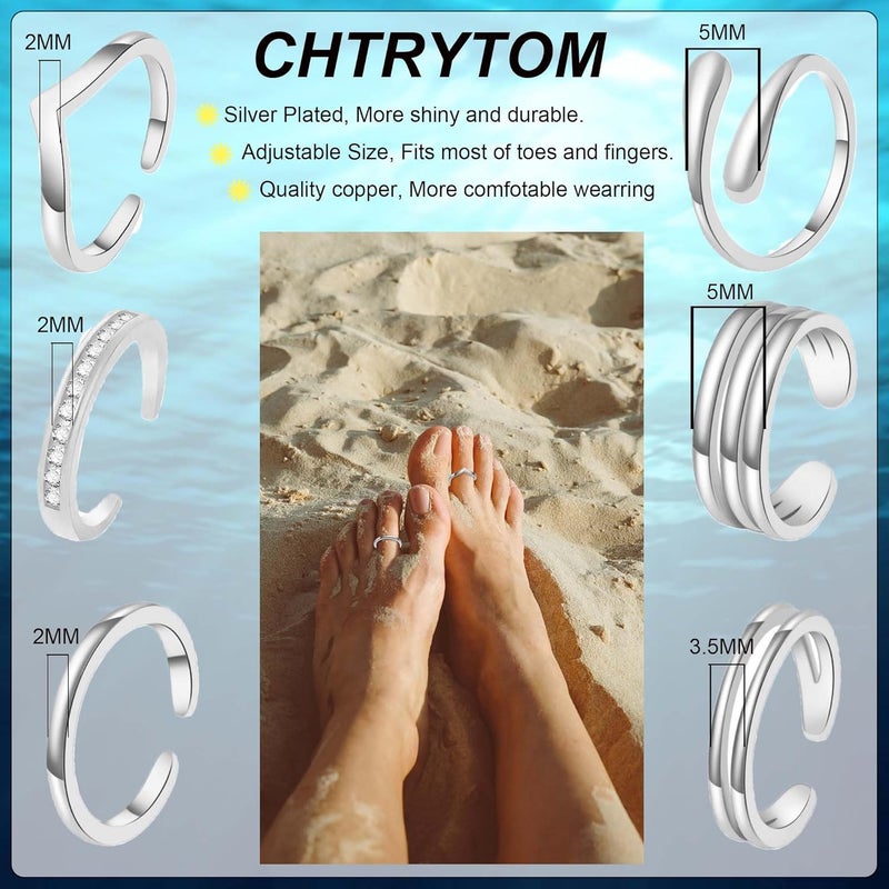 CHTRYTOM 6PCS Toe Rings for Women 18K Gold Silver Toe Ring Set Adjustable Non Tarnish Band Simple Beach Foot Jewelry for Summer - Image 3